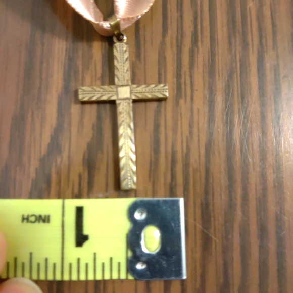 Handmade Ribbon Necklace with Vintage Gold Cross Pendant - Picture 4 of 5